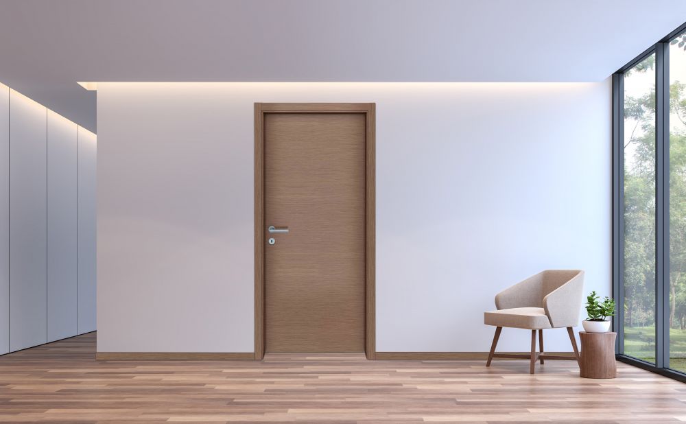 Modern white living minimal style 3d rendering image.The room has wooden floor,There are large window overlooking to the nature