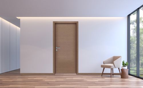 Modern white living minimal style 3d rendering image.The room has wooden floor,There are large window overlooking to the nature