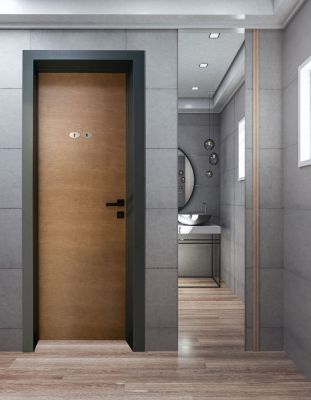 Modern bathroom interior with white door. Design and luxury hotel concept. 3D Rendering